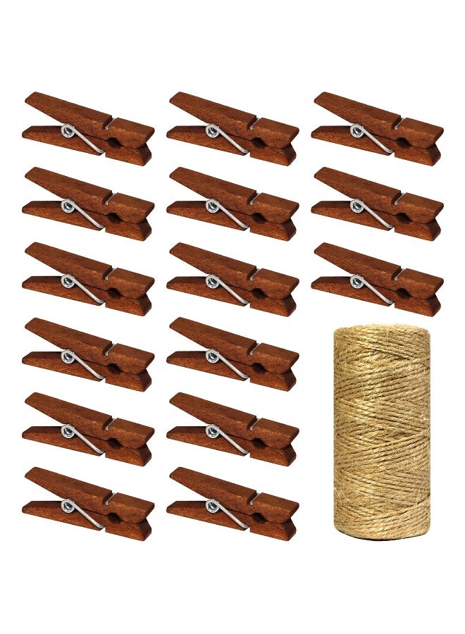 Millennial Essentials Mini Natural Wooden Clothespins with Jute Twine, 100pcs, 1.4 Inch Photo Paper Peg Pin Craft Clips with 320ft Natural Twine for Scrapbooking, Arts & Crafts, Hanging Photos (Rustic Brown) - Image 1